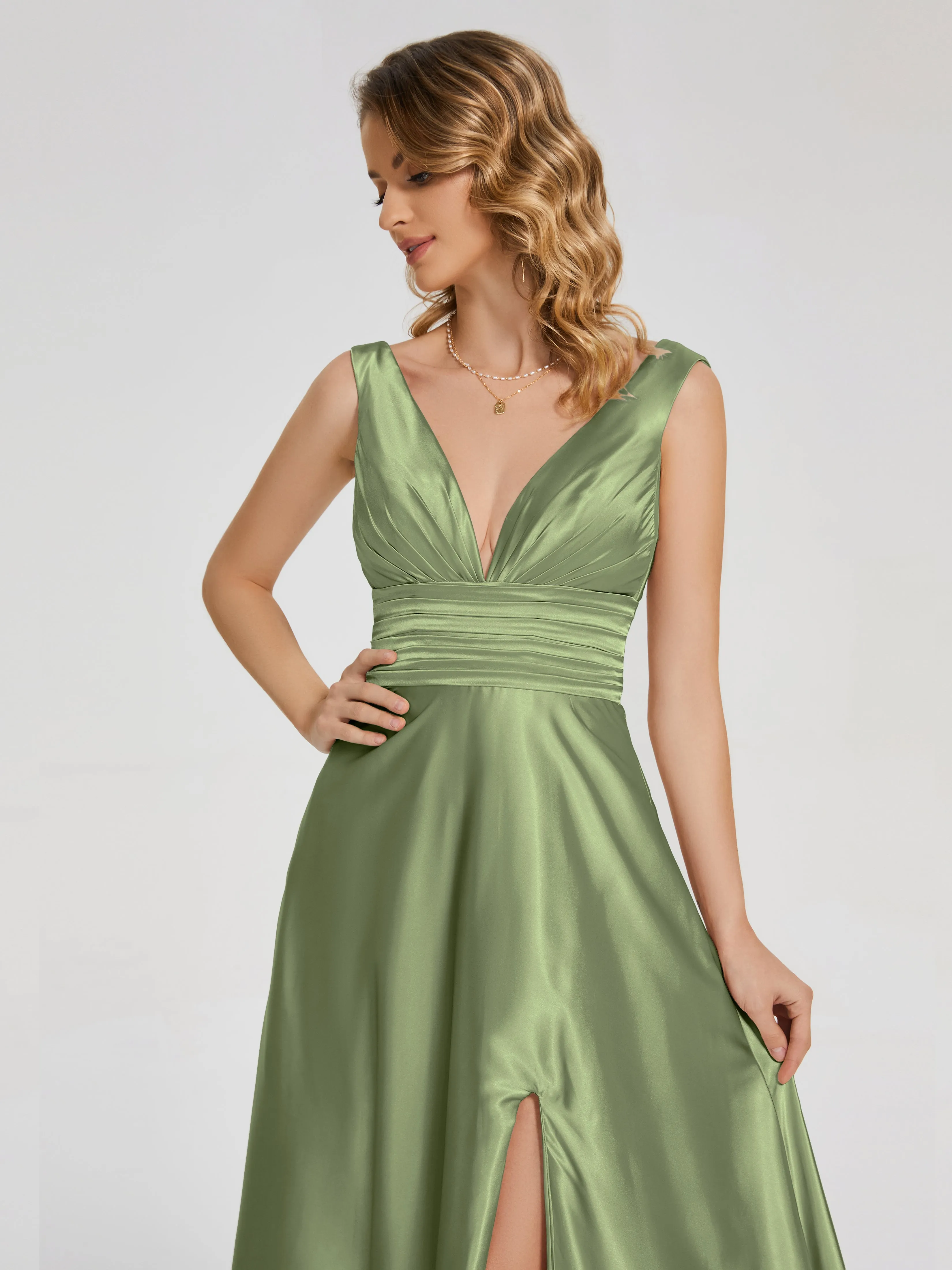 Kali Gorgeous Sweep Train Long Soft Satin Dresses