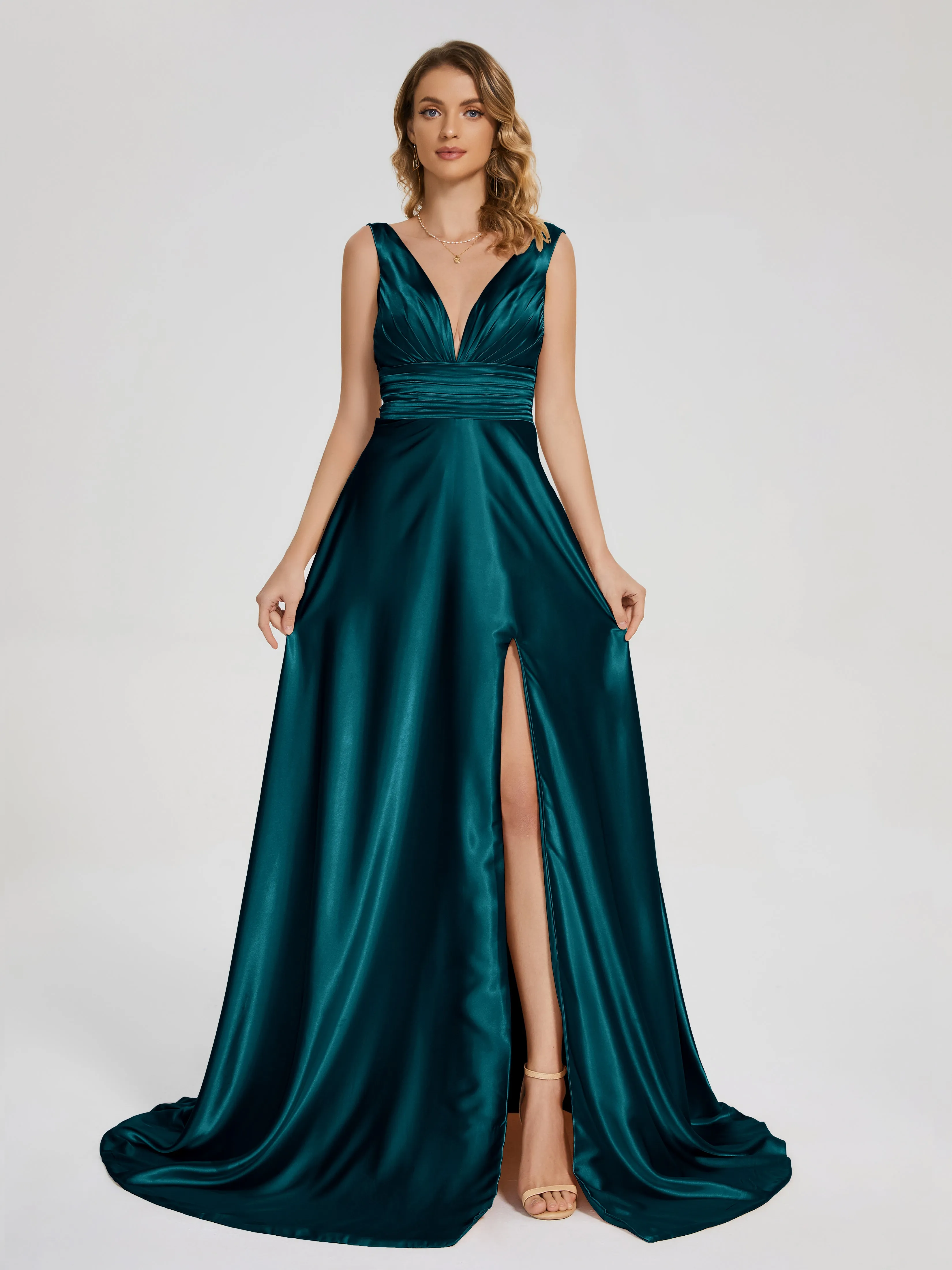 Kali Gorgeous Sweep Train Long Soft Satin Dresses