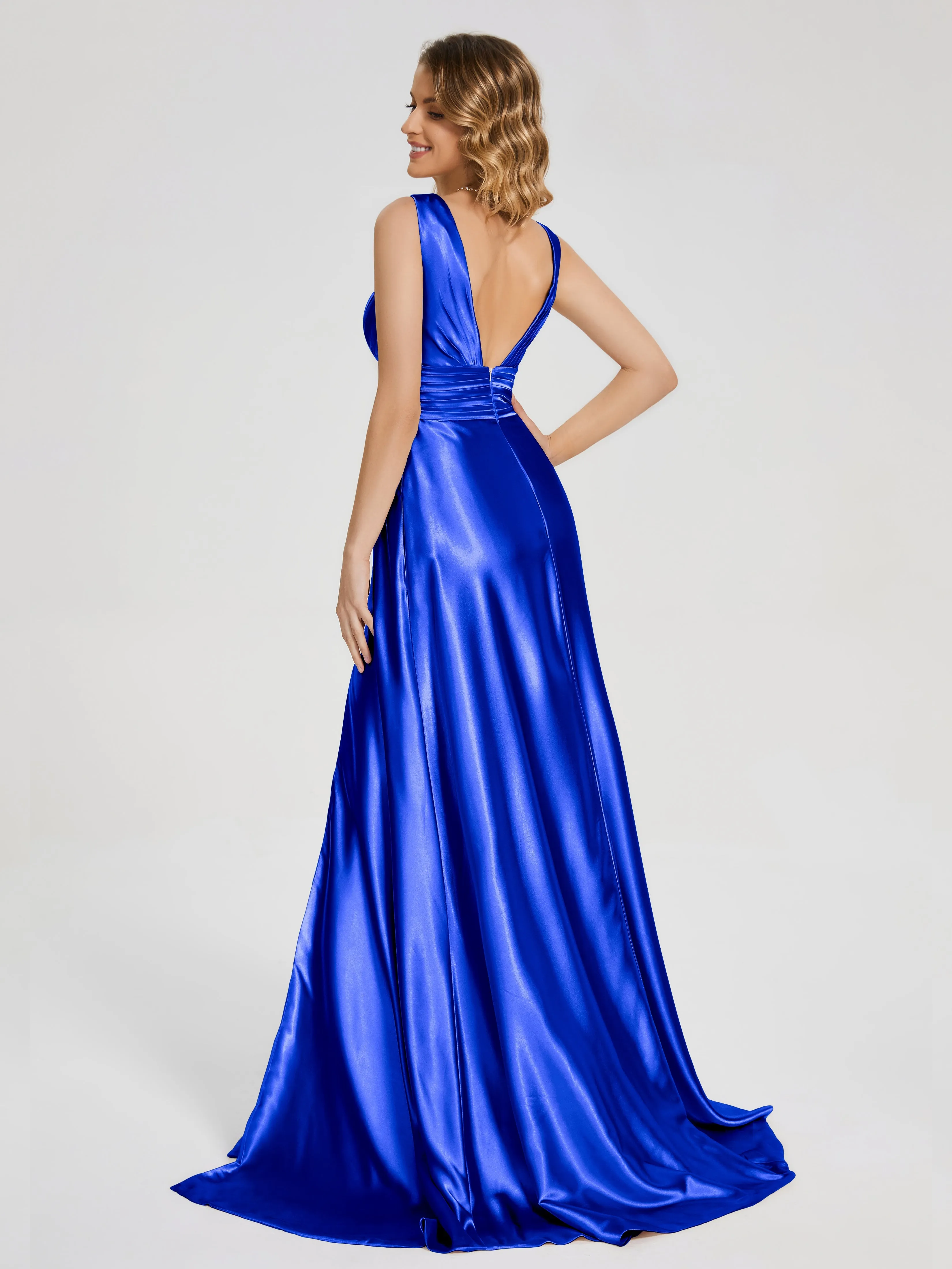 Kali Gorgeous Sweep Train Long Soft Satin Dresses