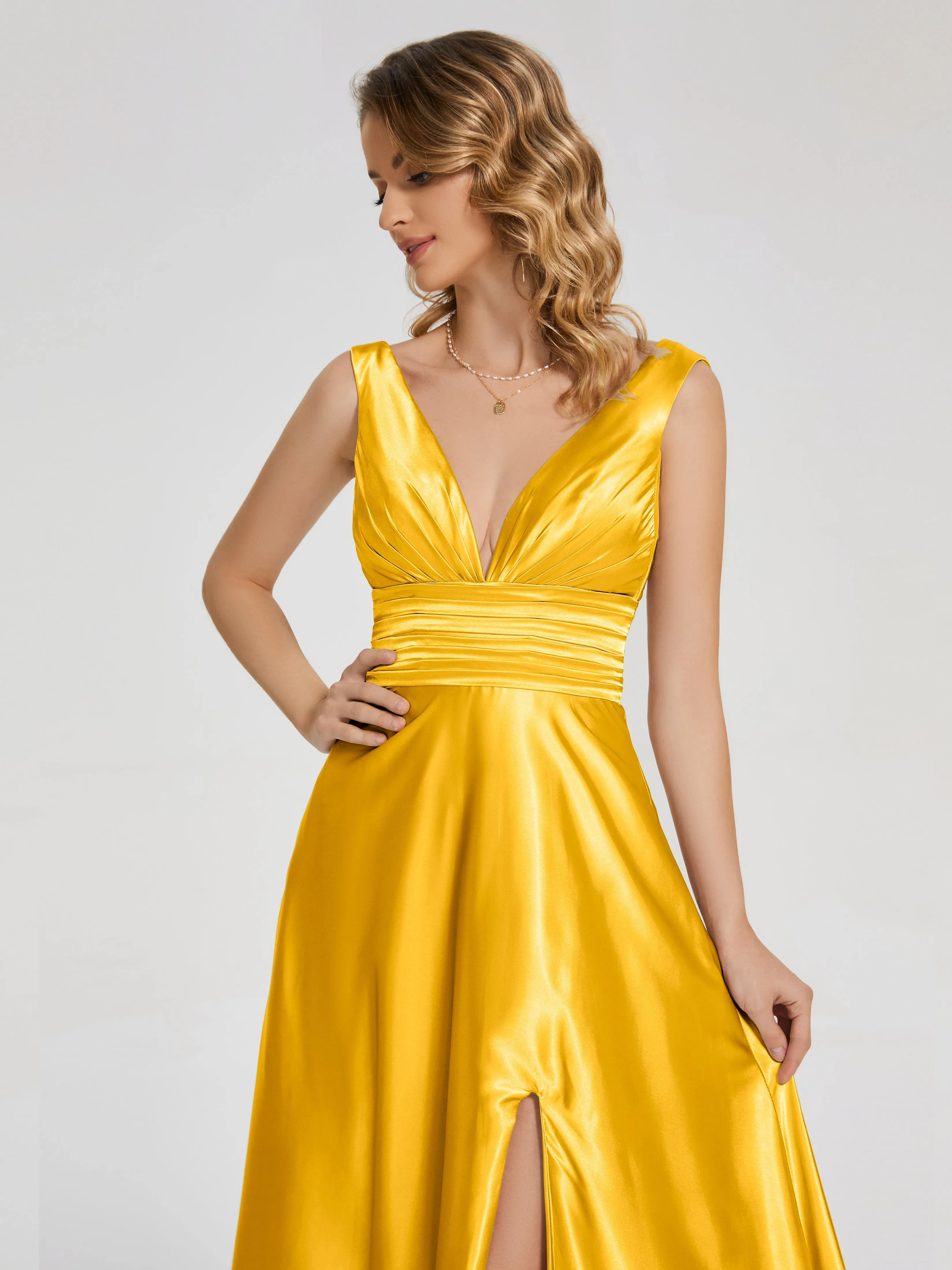 Kali Gorgeous Sweep Train Long Soft Satin Dresses