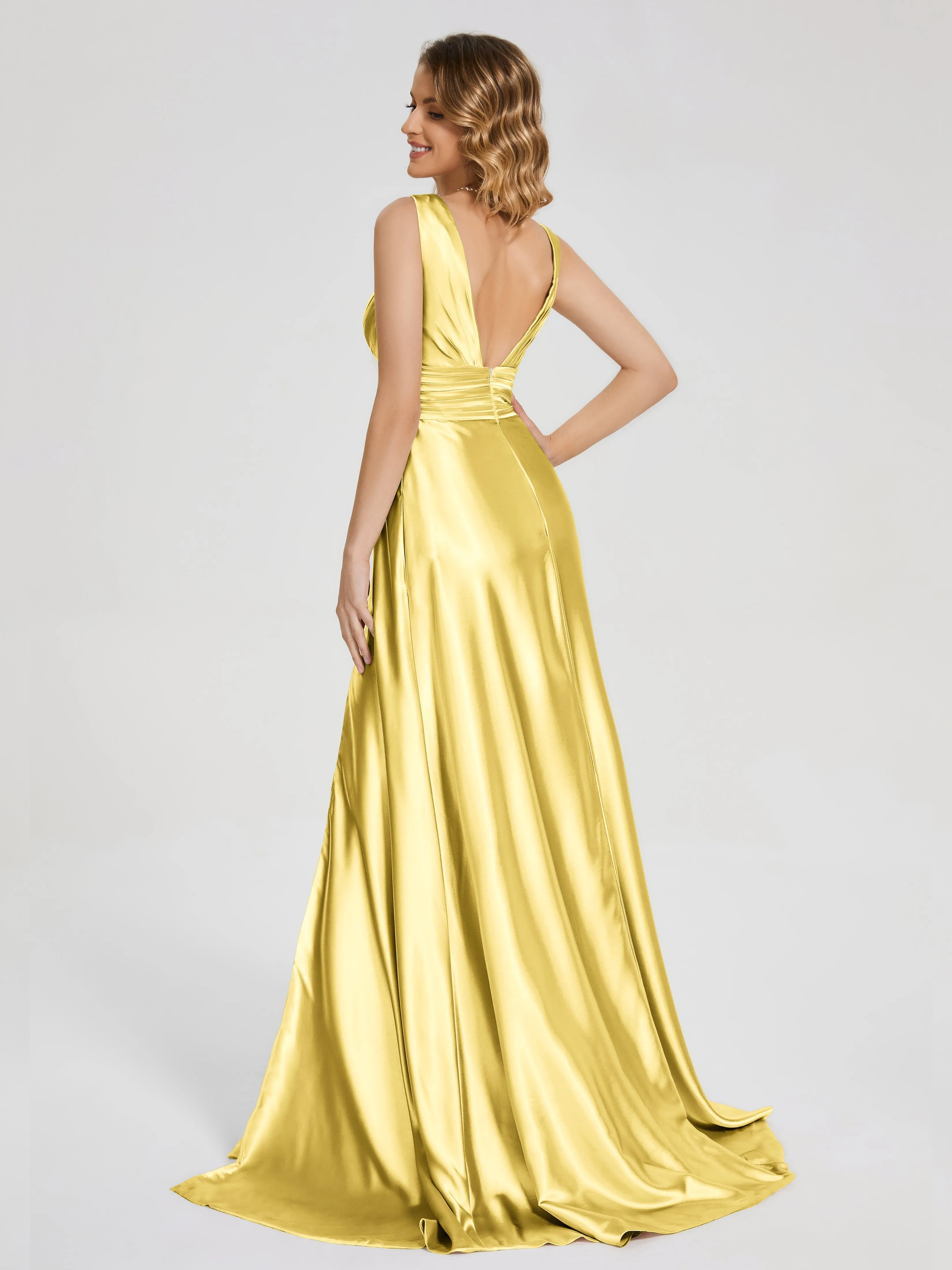 Kali Gorgeous Sweep Train Long Soft Satin Dresses