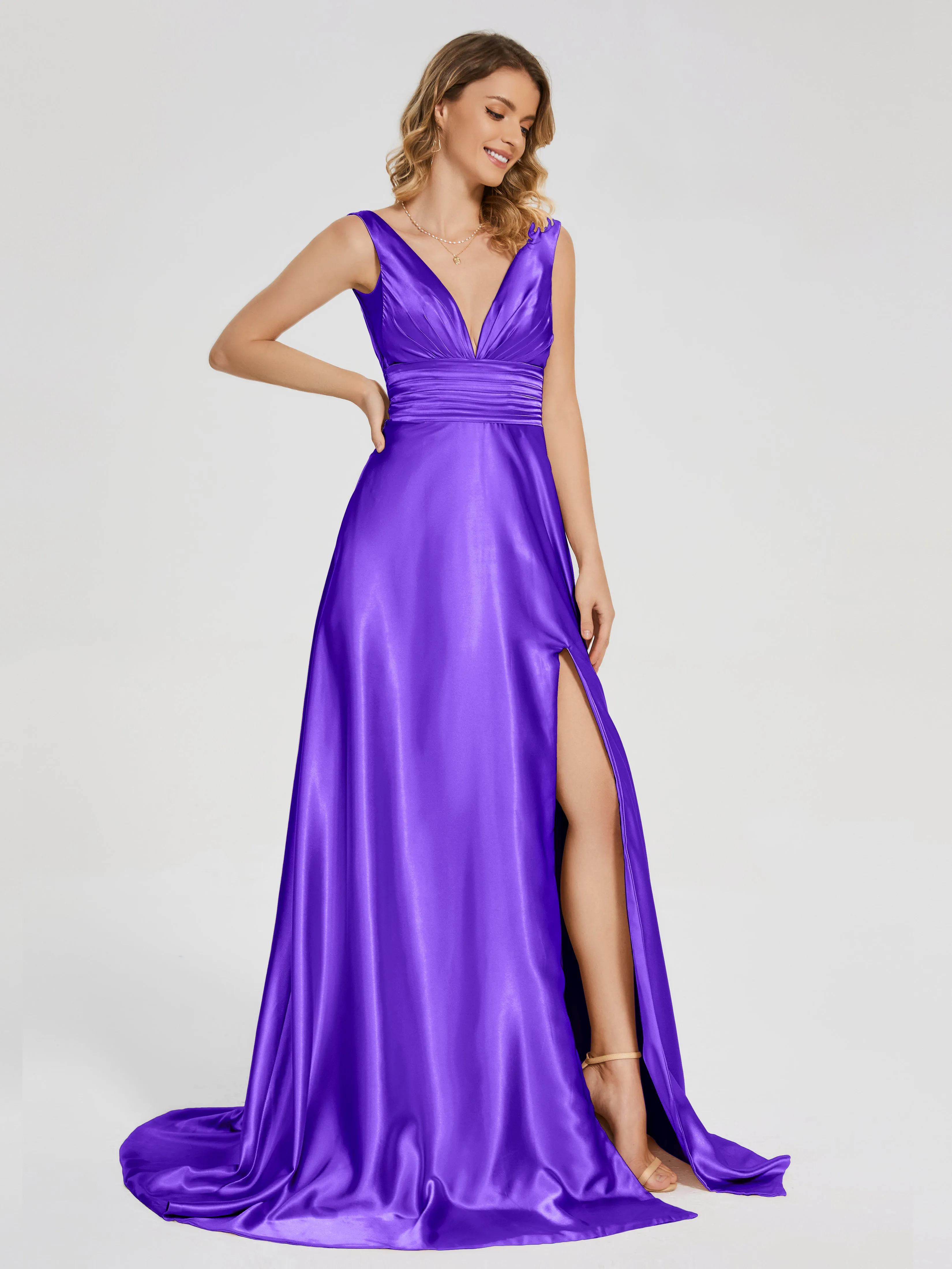 Kali Gorgeous Sweep Train Long Soft Satin Dresses