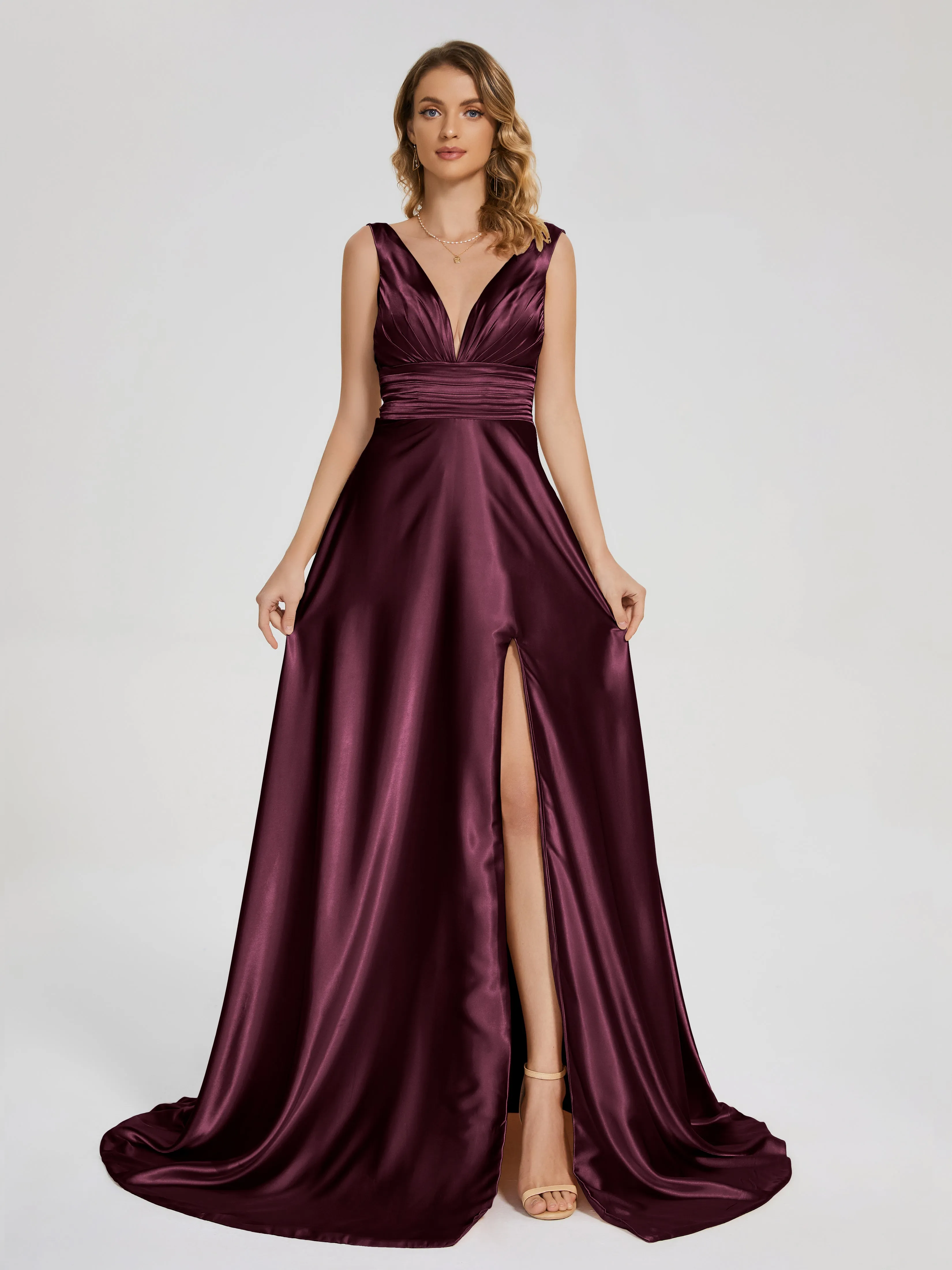 Kali Gorgeous Sweep Train Long Soft Satin Dresses