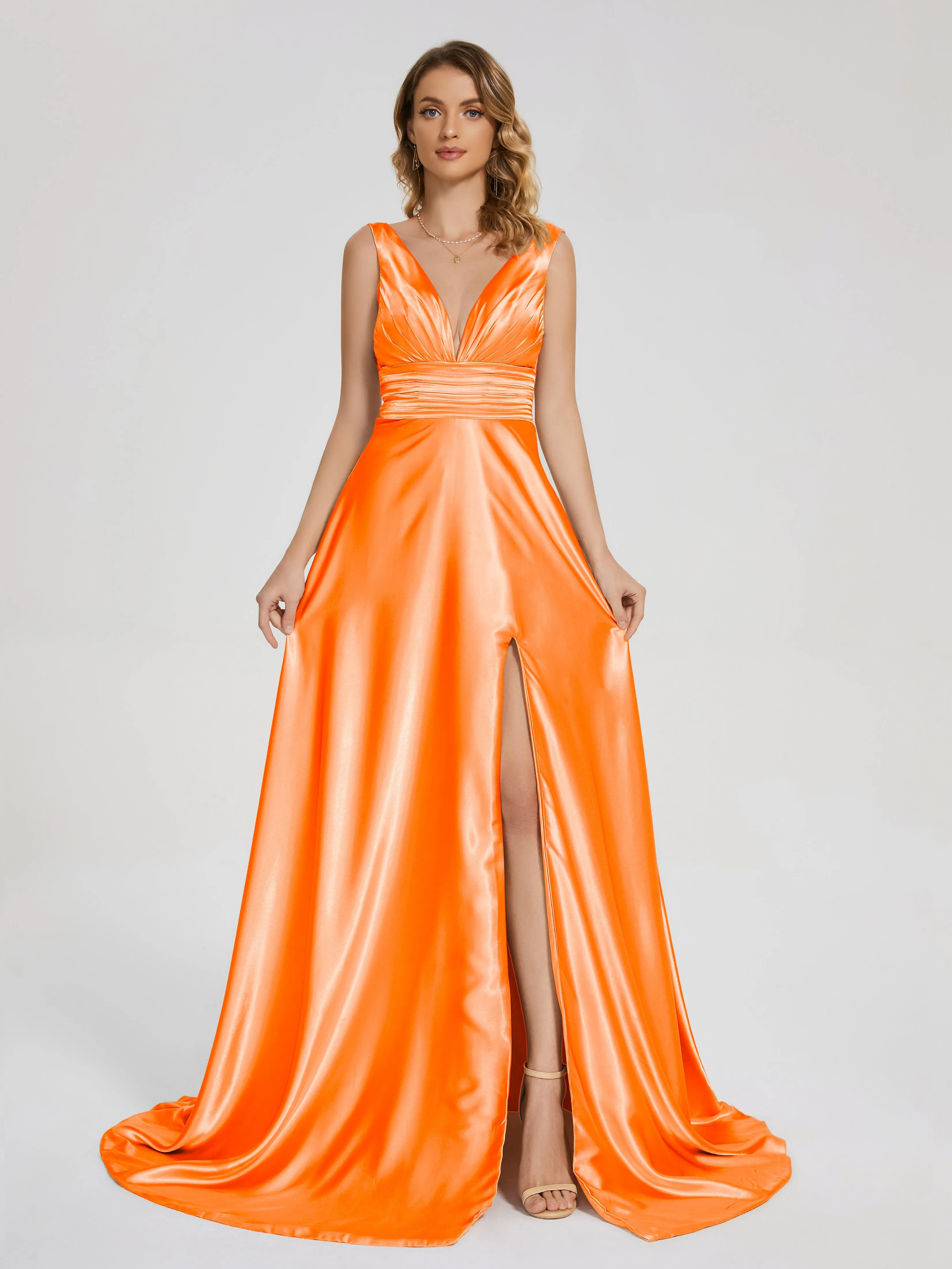 Kali Gorgeous Sweep Train Long Soft Satin Dresses