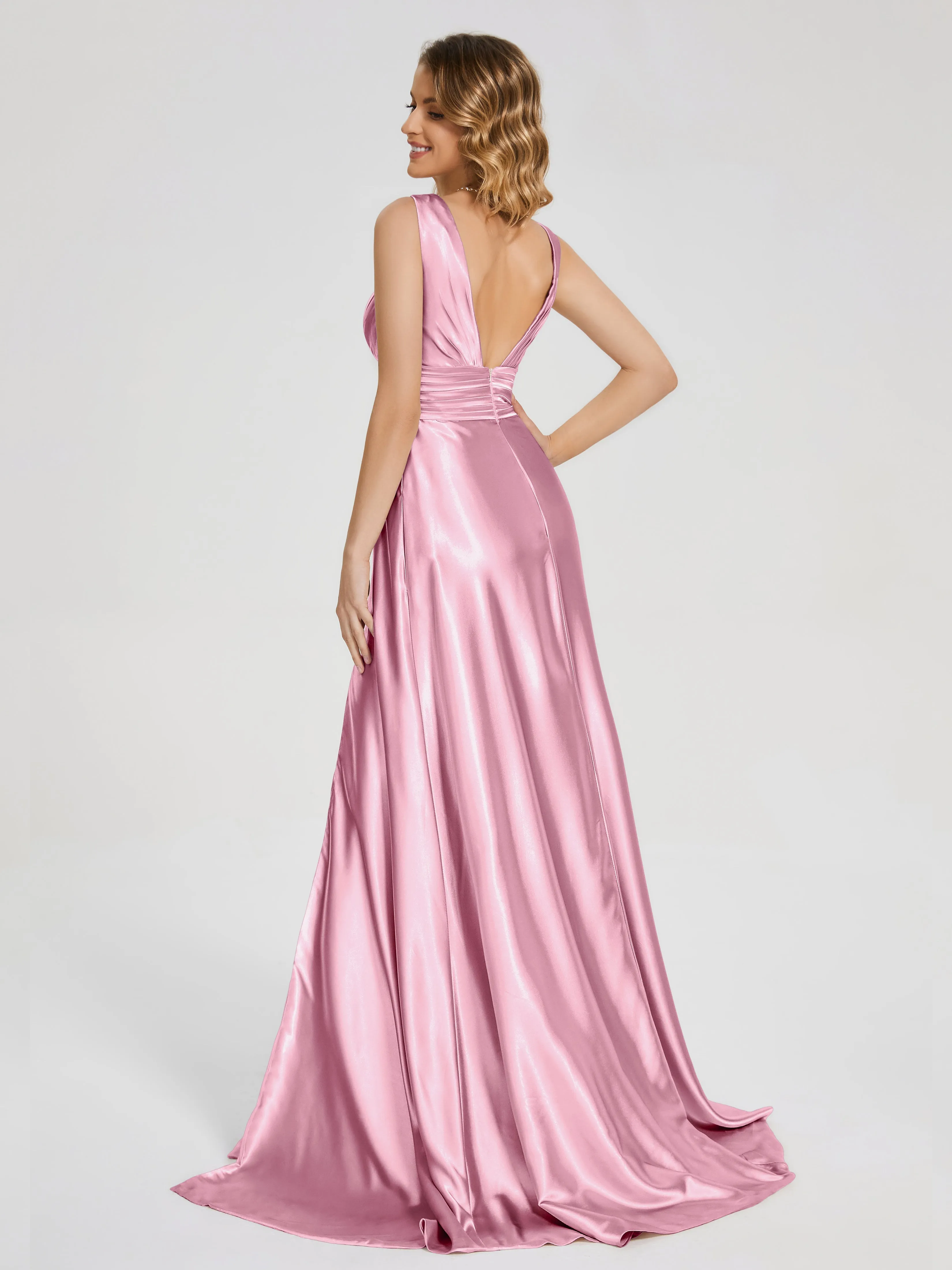 Kali Gorgeous Sweep Train Long Soft Satin Dresses