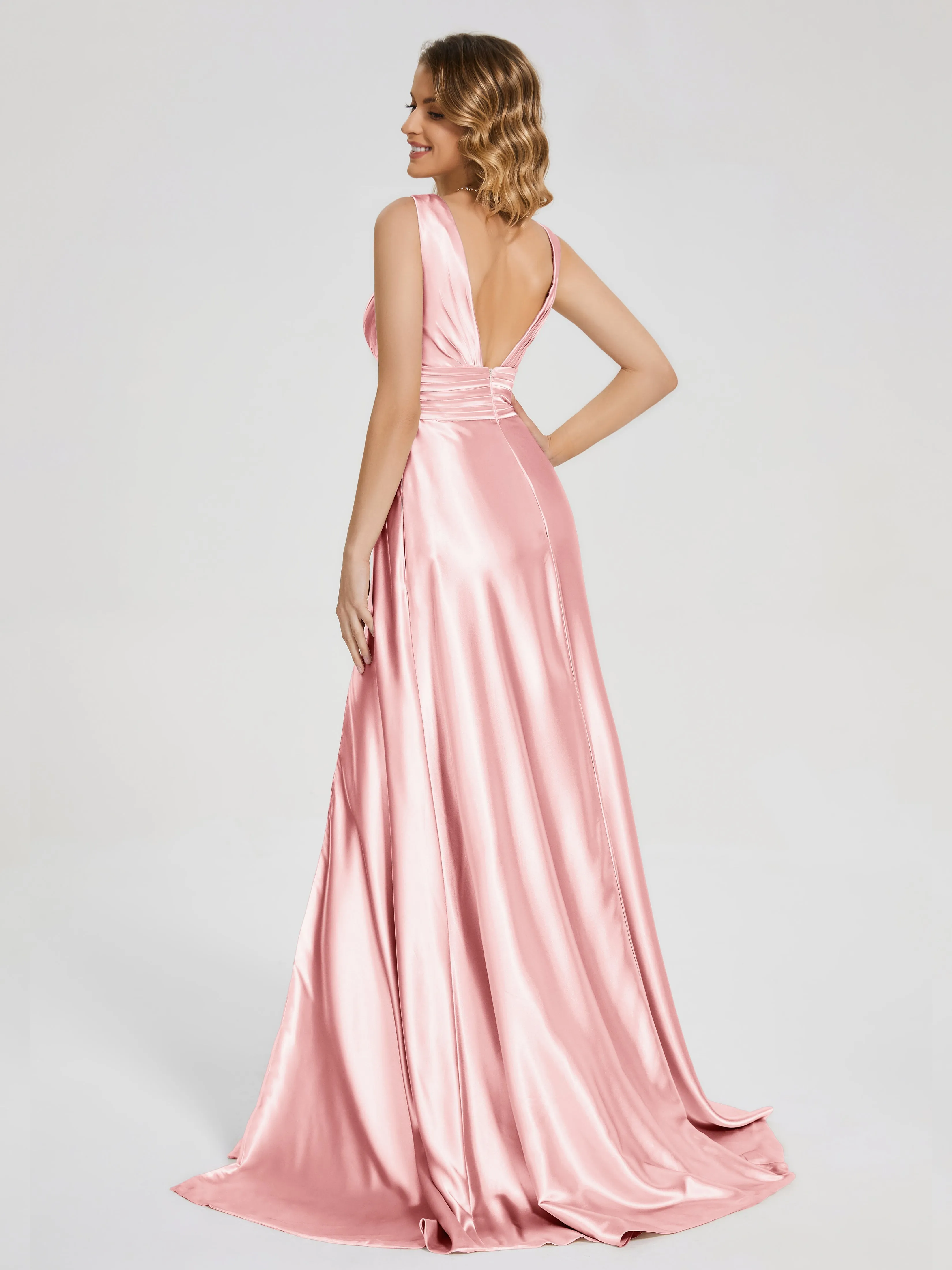 Kali Gorgeous Sweep Train Long Soft Satin Dresses