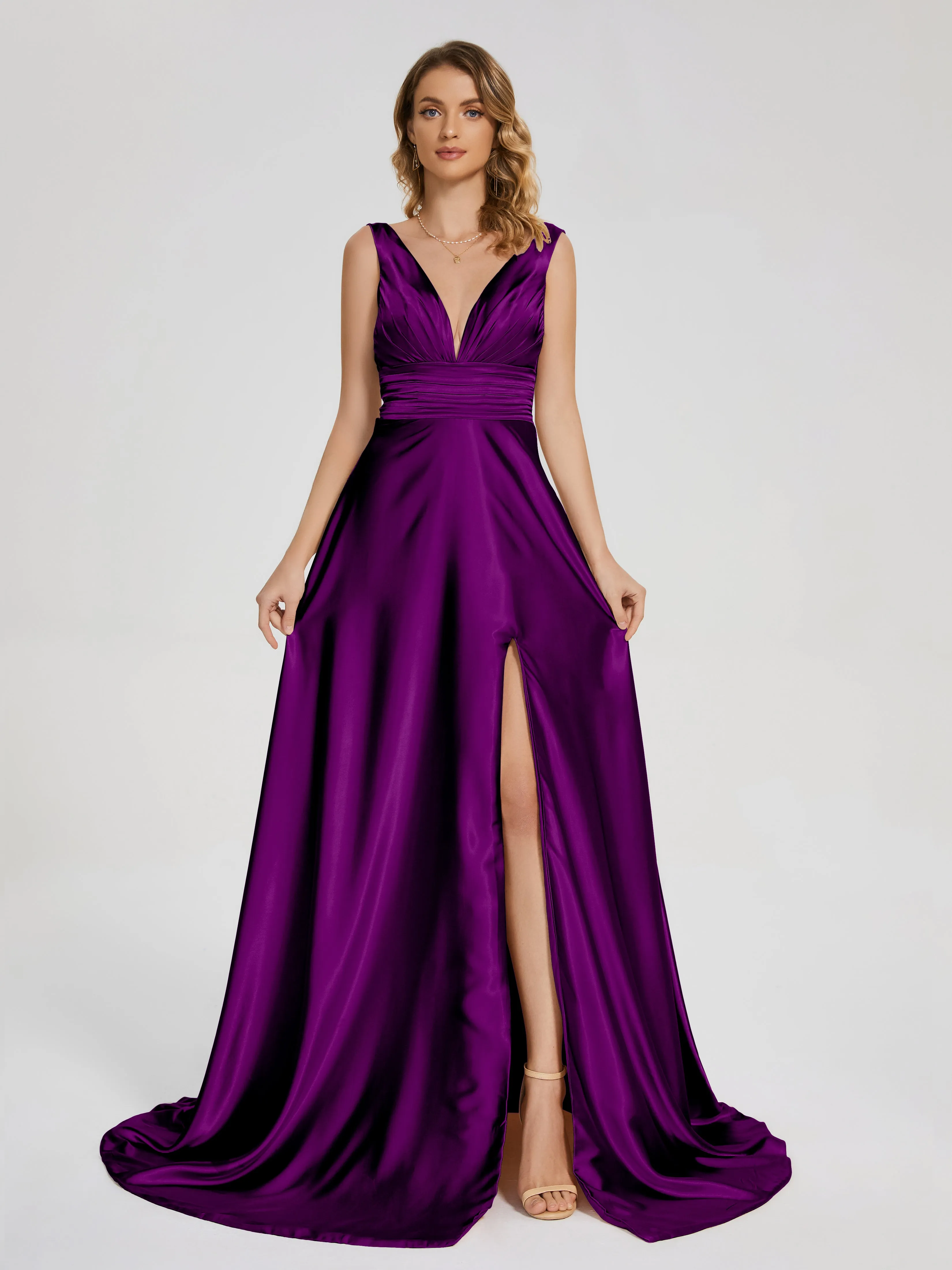 Kali Gorgeous Sweep Train Long Soft Satin Dresses