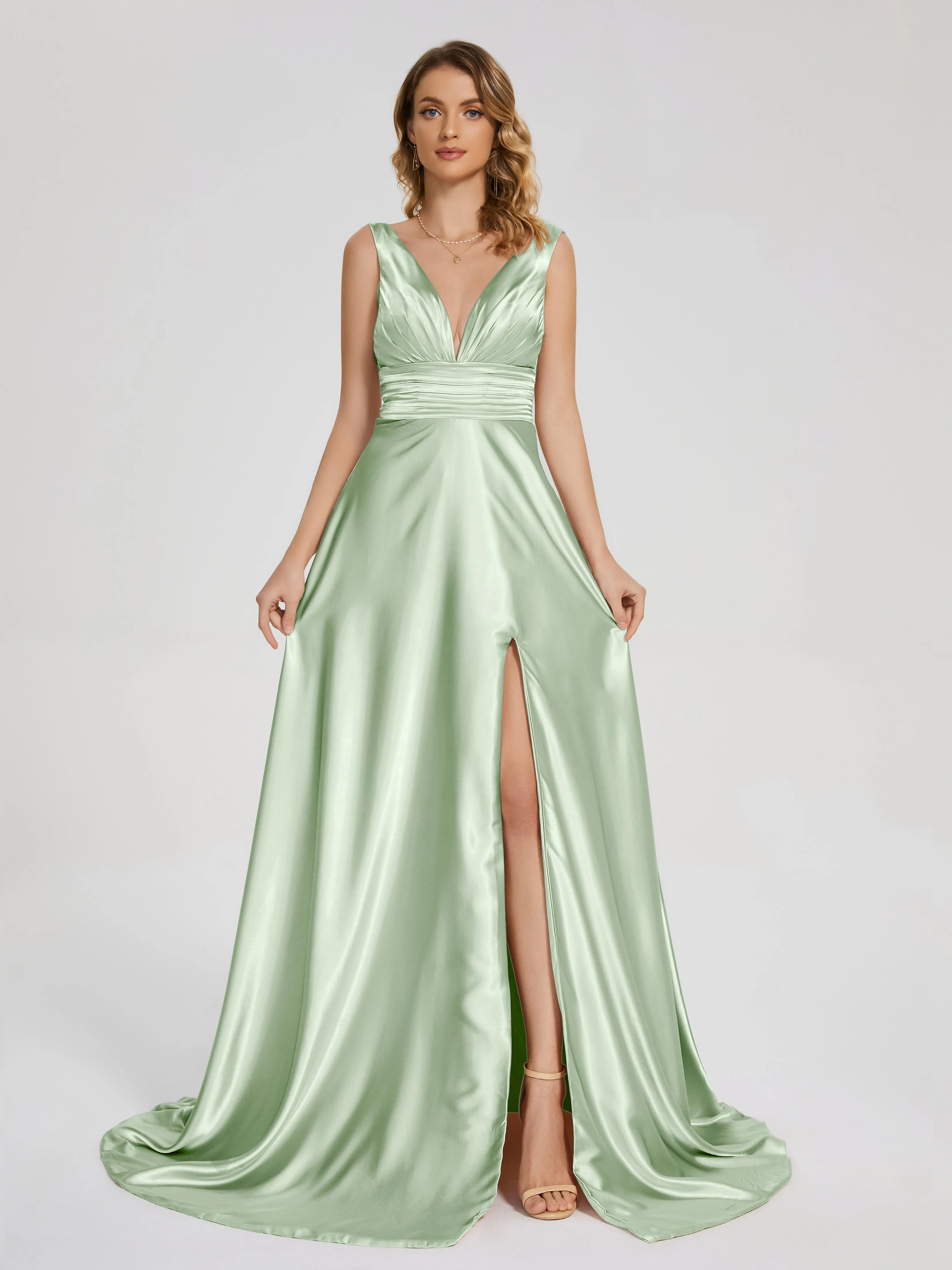 Kali Gorgeous Sweep Train Long Soft Satin Dresses