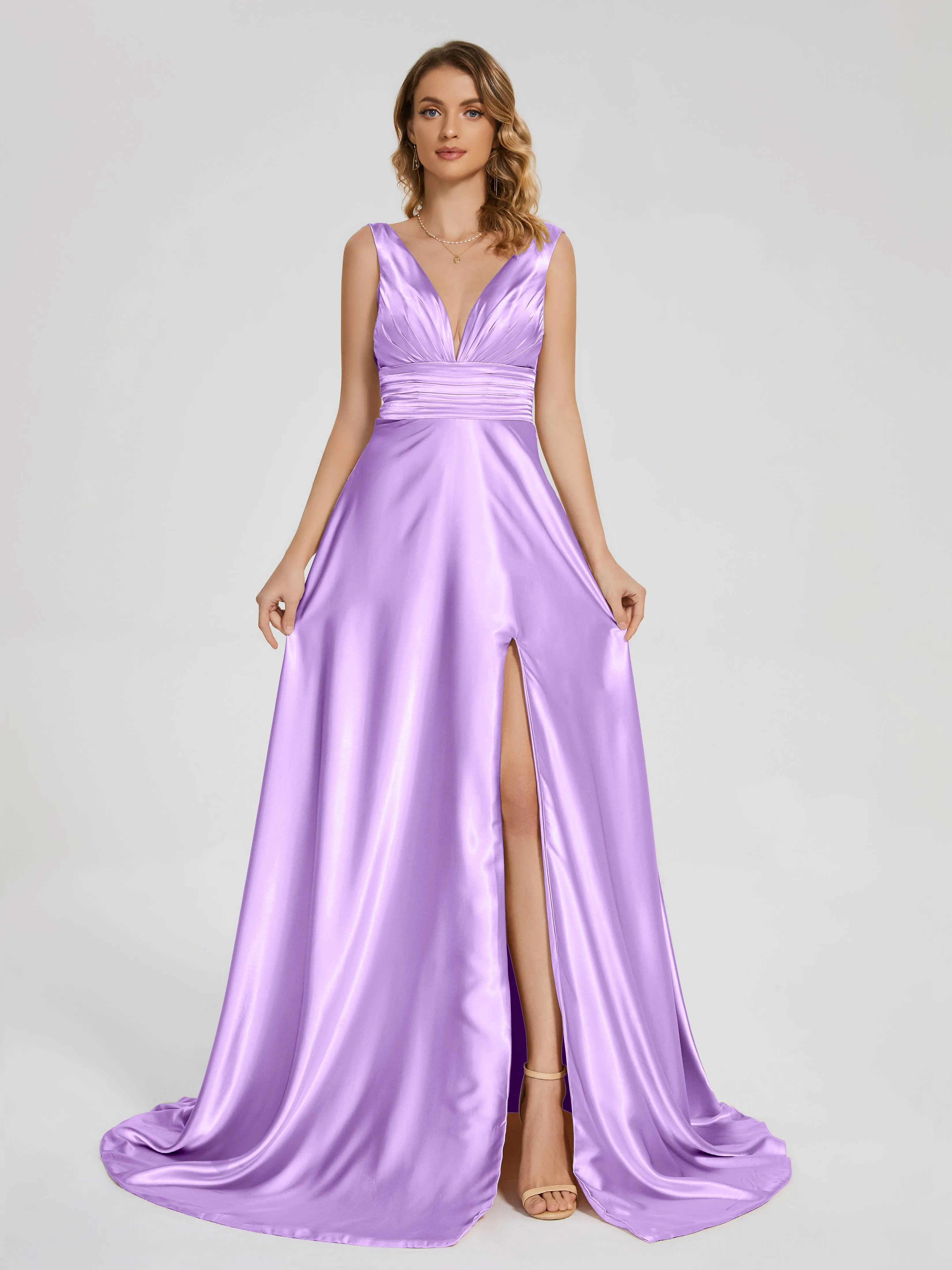 Kali Gorgeous Sweep Train Long Soft Satin Dresses