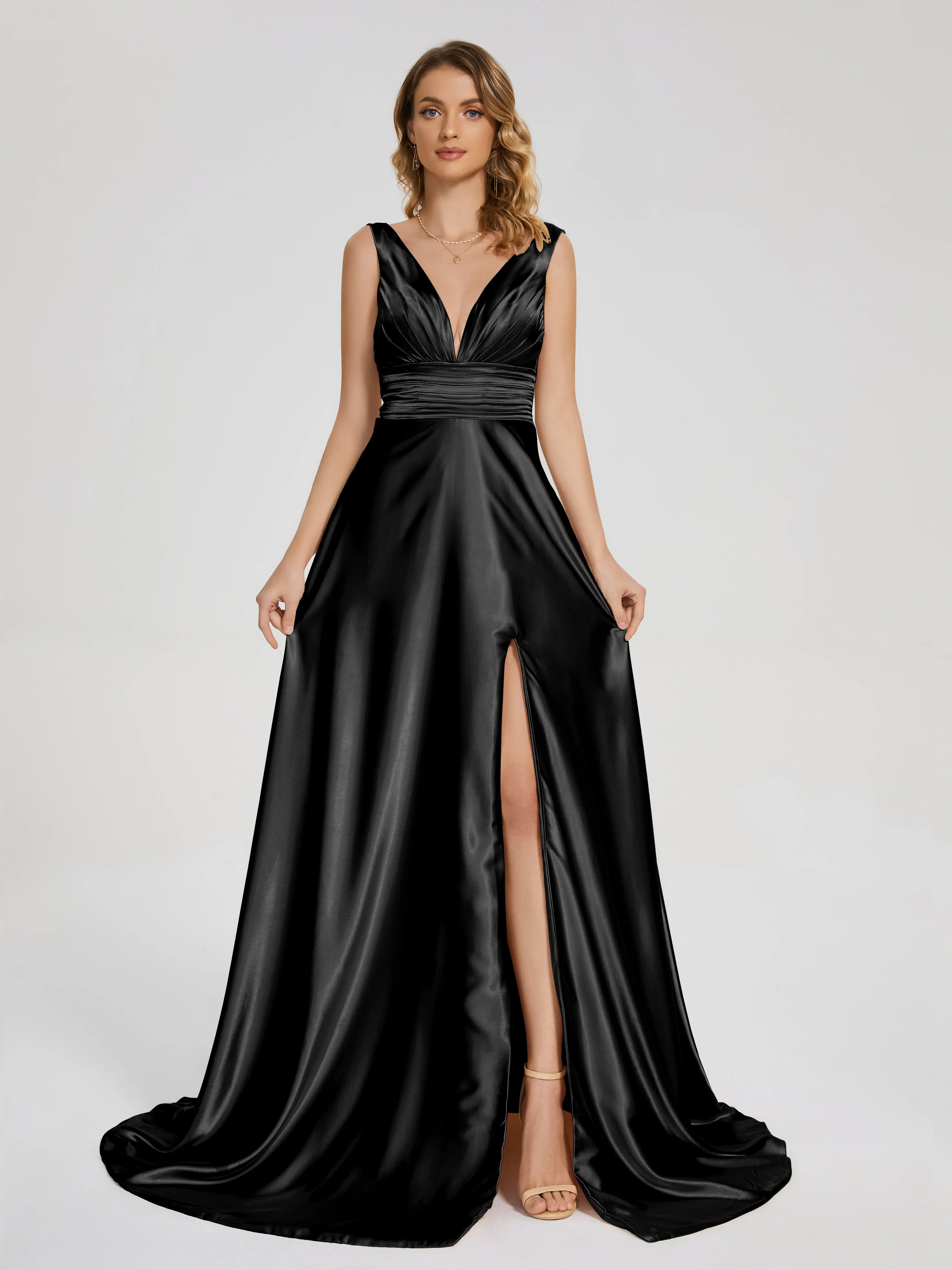 Kali Gorgeous Sweep Train Long Soft Satin Dresses