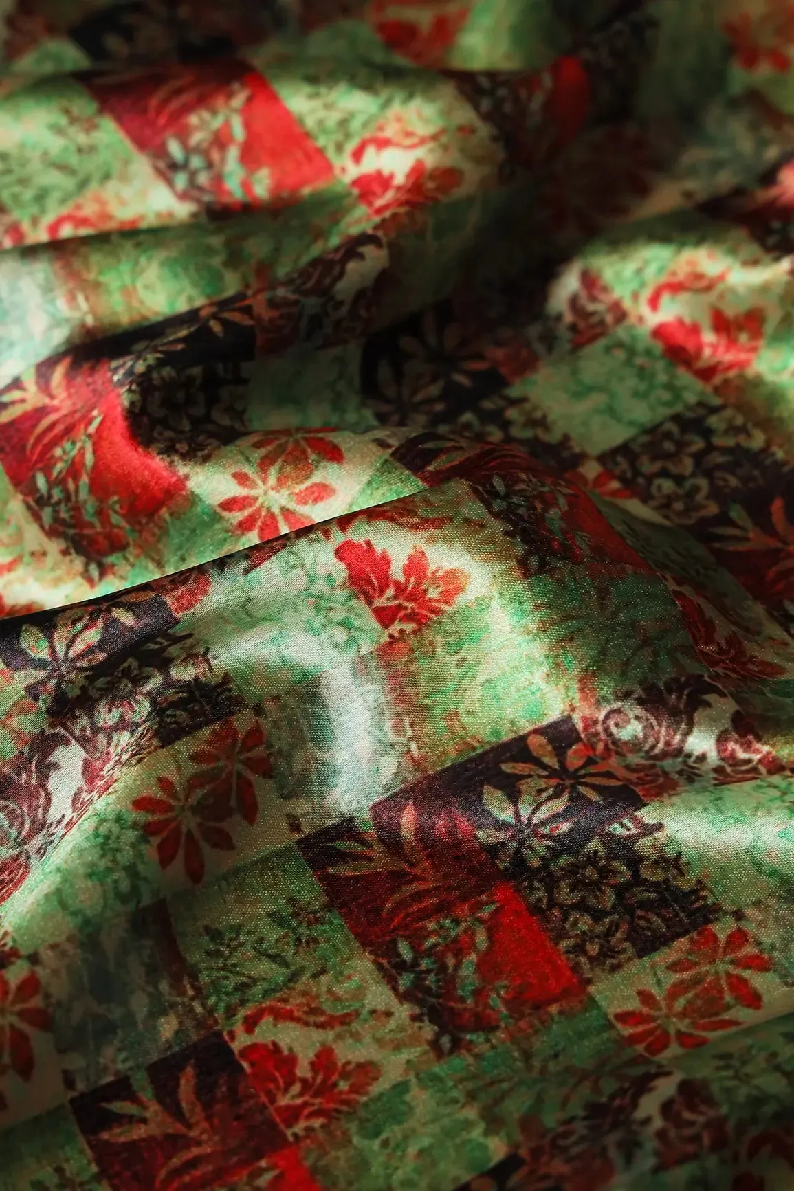 Light Green And Red Floral Checks Pattern Digital Print On Satin Fabric