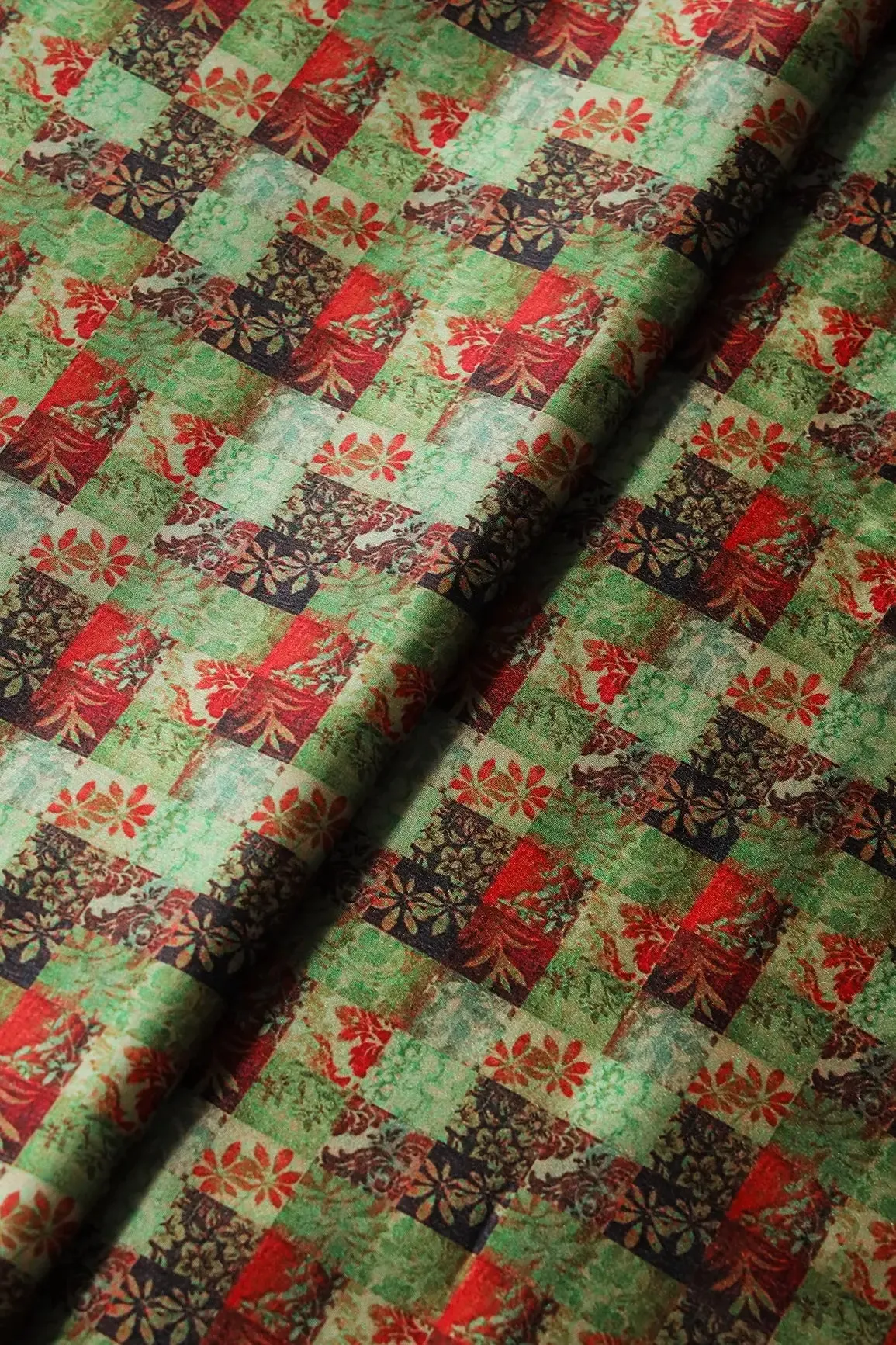 Light Green And Red Floral Checks Pattern Digital Print On Satin Fabric