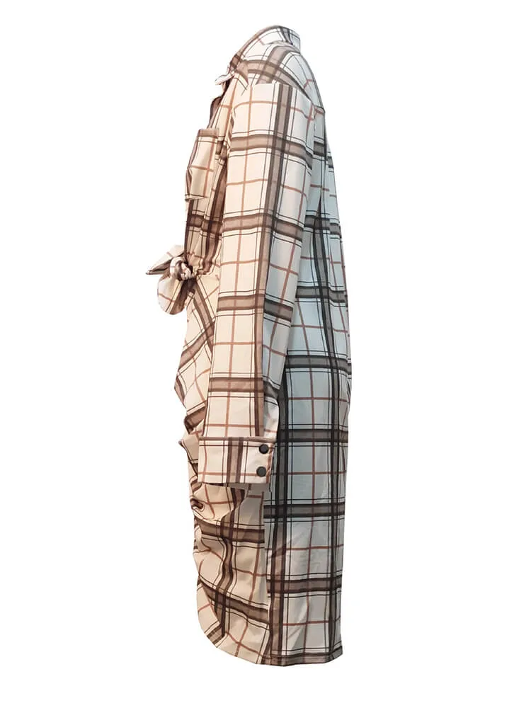 Long Sleeve Plaid Print Ruched Midi Dresses