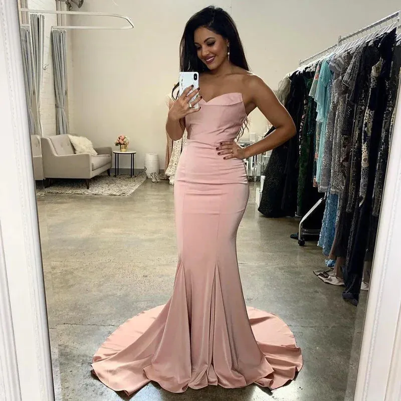 Mermaid Strapless Blush Pink Satin Bridesmaid Dresses Long Party Dresses