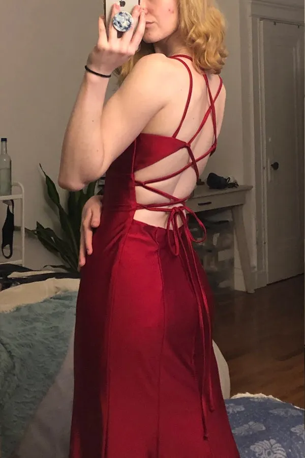 Mermaid V Neck Cross Back Long Burgundy Satin Prom Dresses