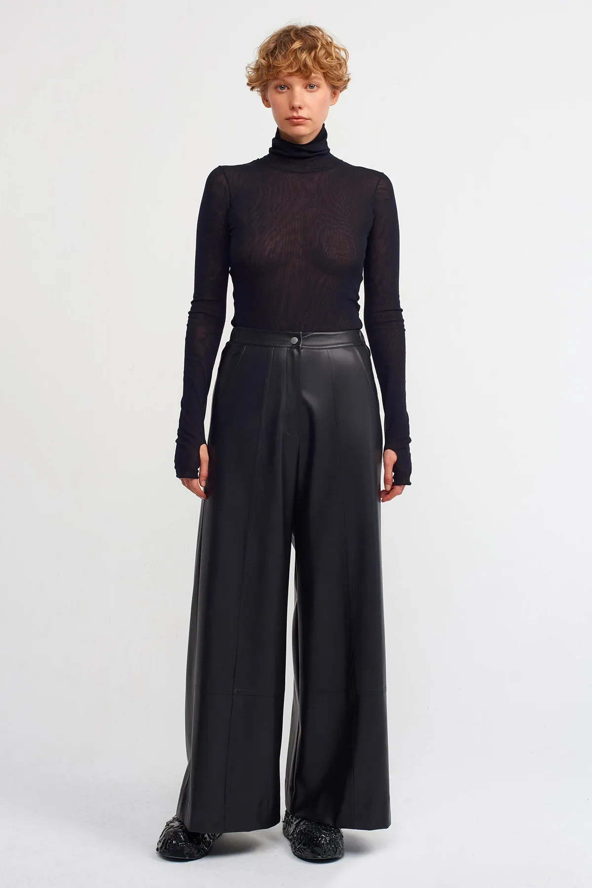 Nu Vegan Leather Wide Leg Trousers Black