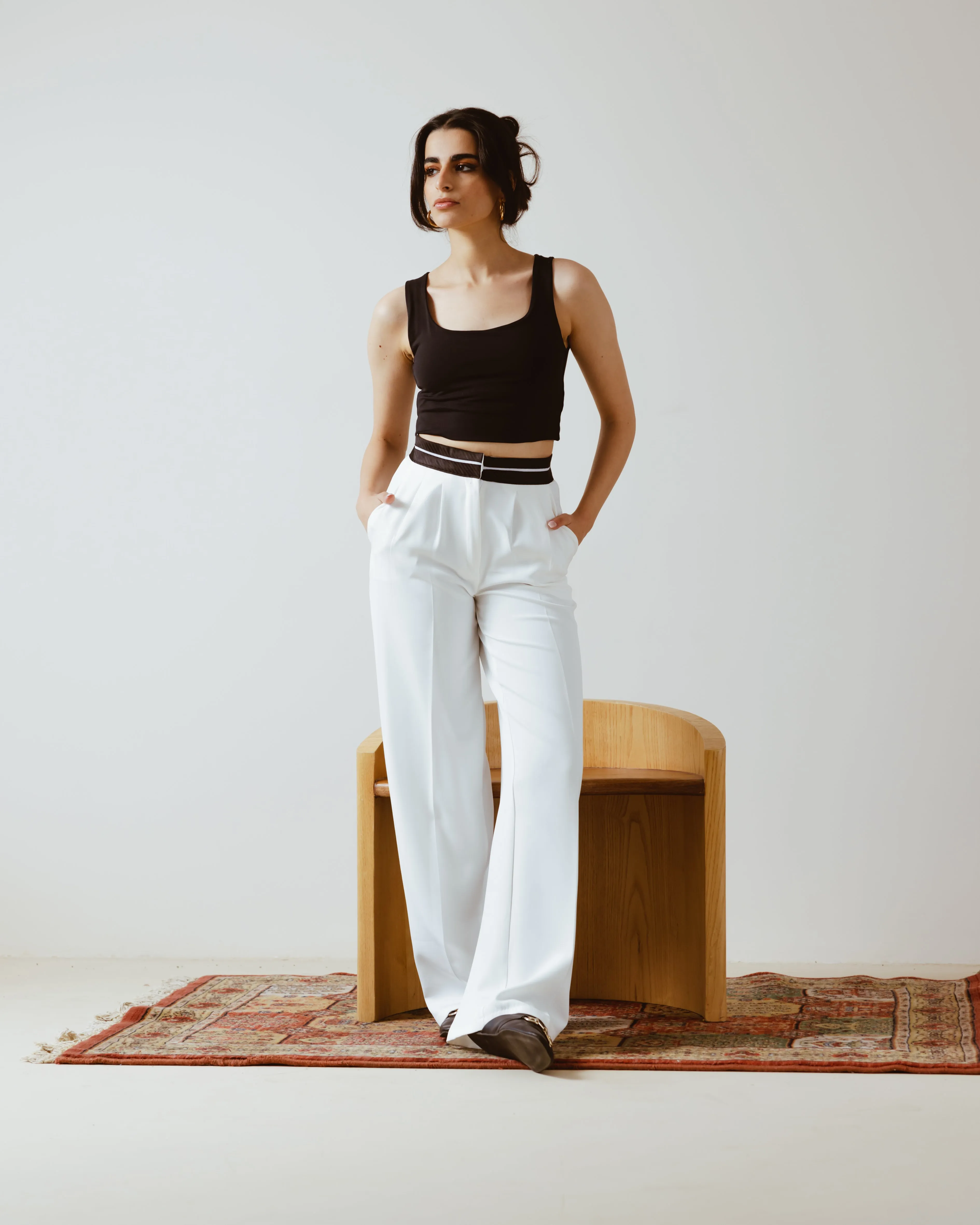 PANTS WITH TURN-DOWN WAIST WHITE