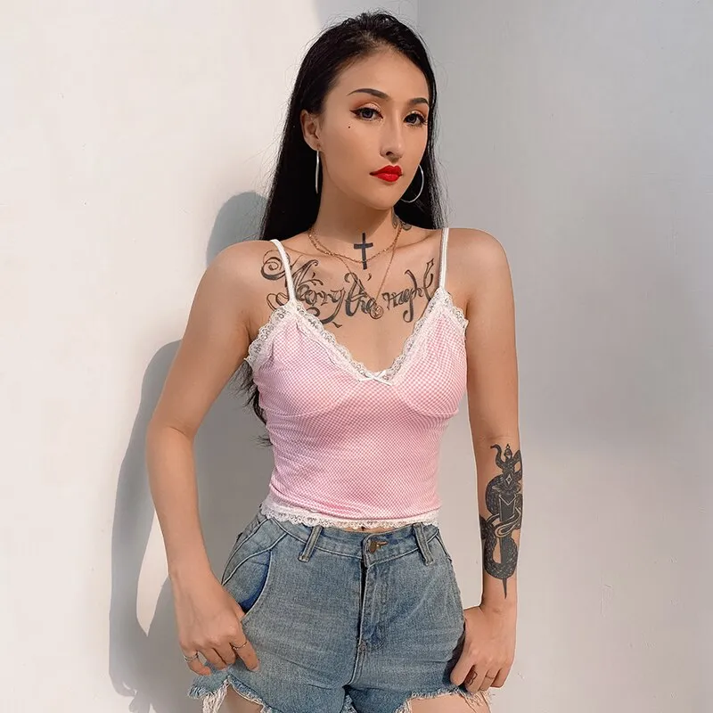 Pink Lace Edge Korean Fashion V Neck Sexy Plaid Bralette Crop Top Sleeveless