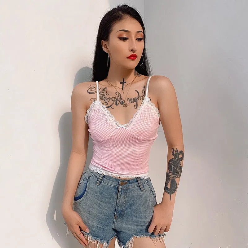 Pink Lace Edge Korean Fashion V Neck Sexy Plaid Bralette Crop Top Sleeveless