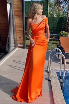 Pleated Satin Newest Long Prom Dresses, Orange Mermaid Bridesmaid Dresses, Formal Prom Dresses