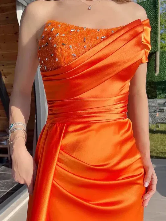 Pleated Satin Newest Long Prom Dresses, Orange Mermaid Bridesmaid Dresses, Formal Prom Dresses