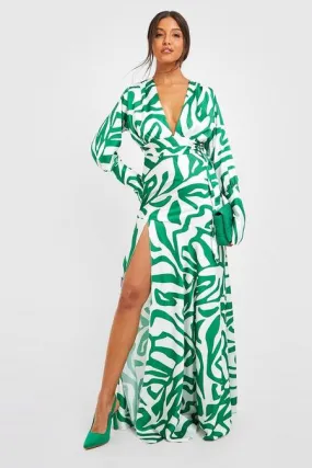 Printed satin side split belted maxi dress