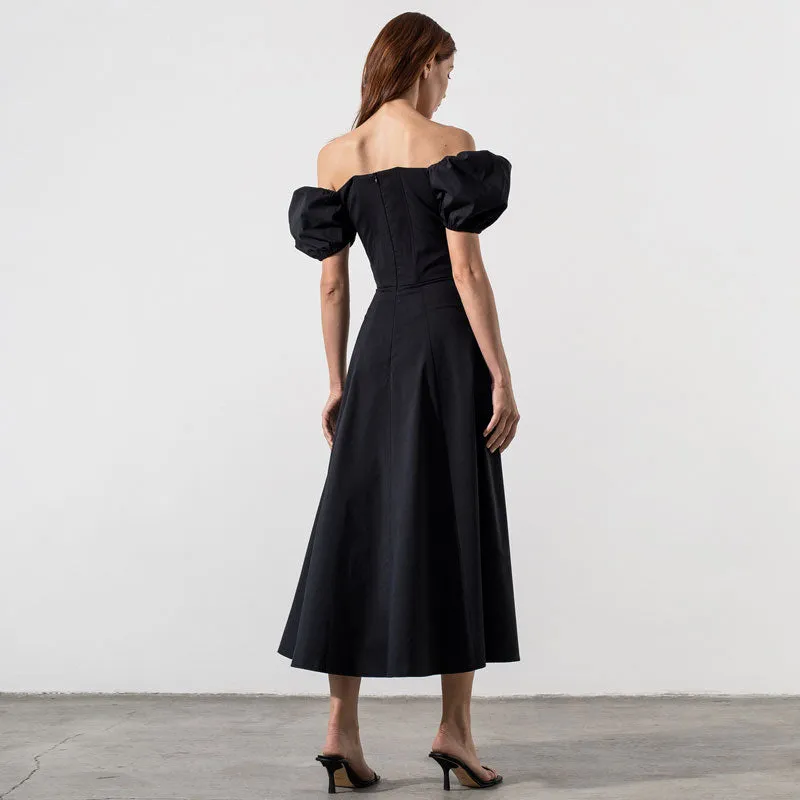 Puff Sleeve Tie Front High Split Off Shoulder Midi Sundress - Black