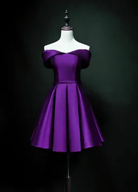 Purple Sweetheart Satin Off Shoulder Homecoming Dresses, Purple Short Prom Dresses