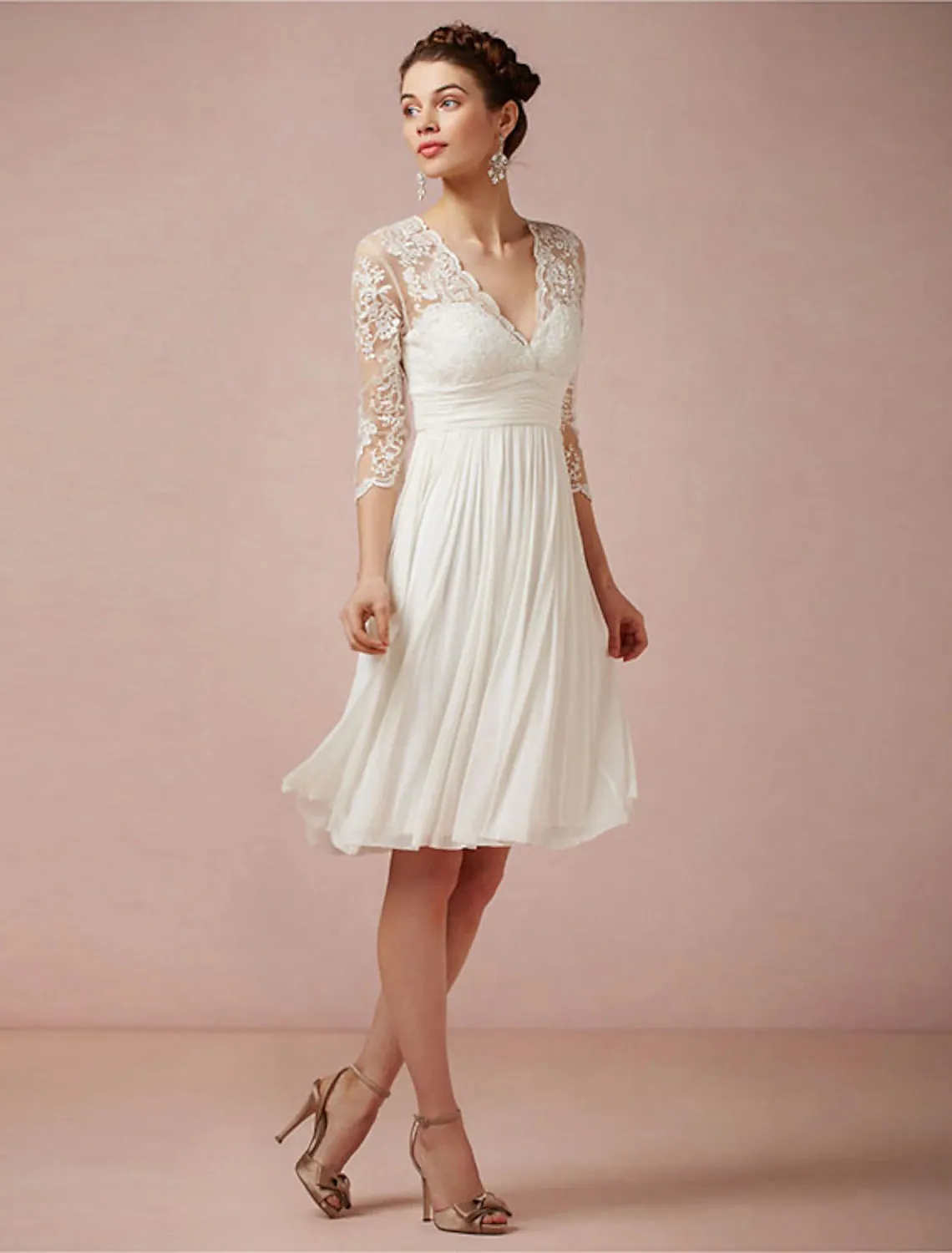 Reception Wedding Dresses Open Back Fall Little White Dresses A-Line V Neck 3/4 Length Sleeve Knee Length Chiffon Bridal Gowns With Ruched Summer Wedding Party