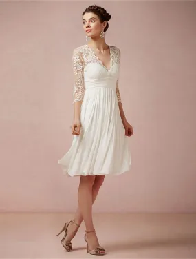 Reception Wedding Dresses Open Back Fall Little White Dresses A-Line V Neck 3/4 Length Sleeve Knee Length Chiffon Bridal Gowns With Ruched Summer Wedding Party