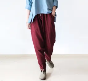 Red winter pants warm thick carrot pants oversized elastic waist harem pants