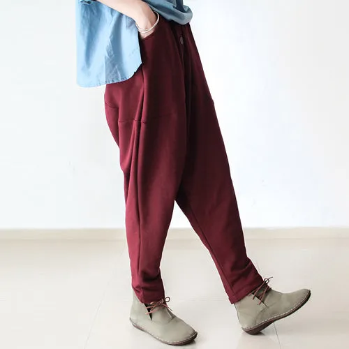 Red winter pants warm thick carrot pants oversized elastic waist harem pants