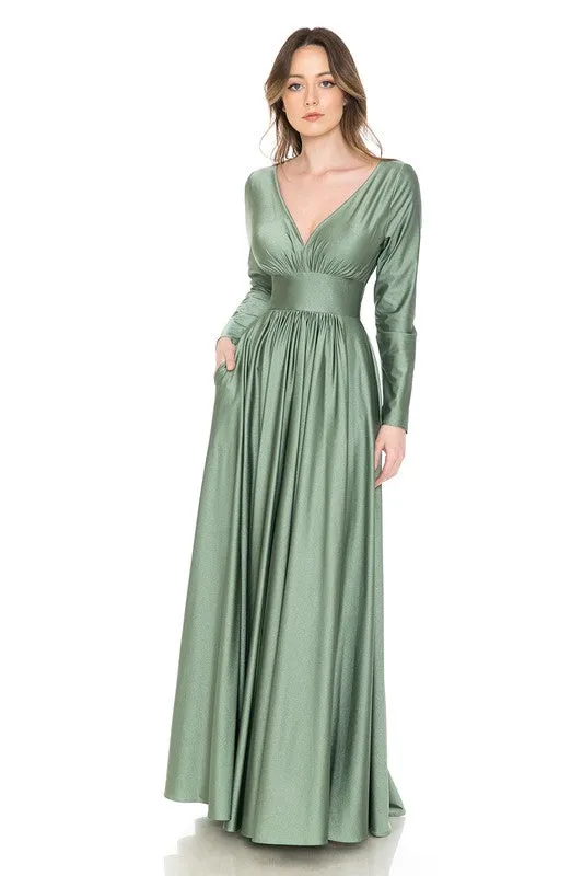 Sage Long Sleeve Ruched Top Shiny Pocketed Formal Dress