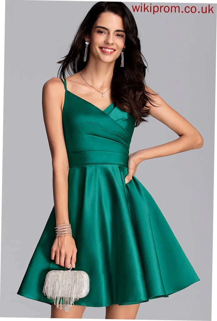 Satin Club Dresses Nevaeh Mini A-line Ruffle Pockets V-Neck Dresses Satin Sleeveless