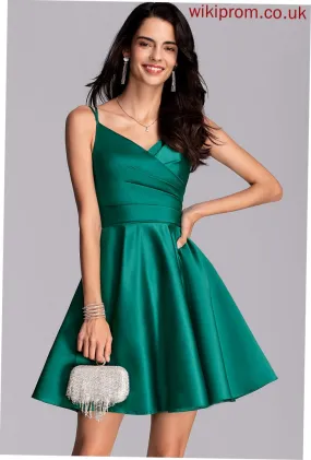 Satin Club Dresses Nevaeh Mini A-line Ruffle Pockets V-Neck Dresses Satin Sleeveless