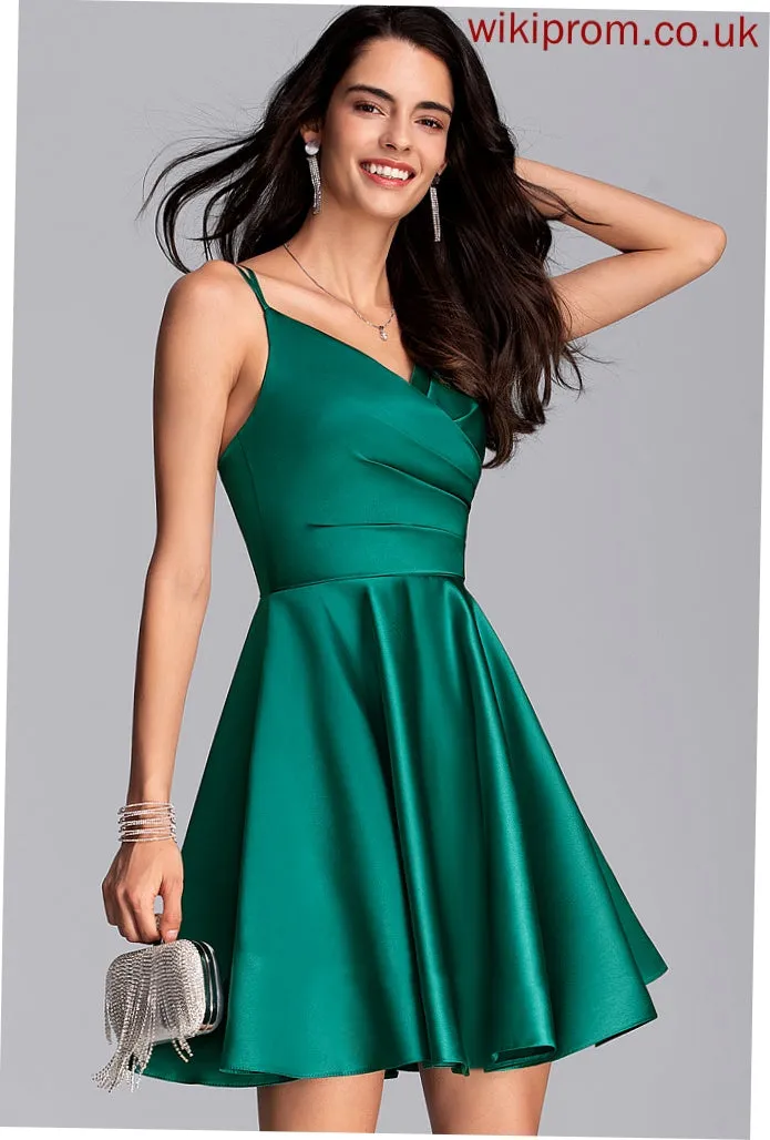 Satin Club Dresses Nevaeh Mini A-line Ruffle Pockets V-Neck Dresses Satin Sleeveless