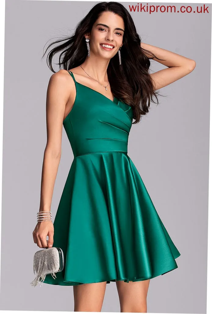 Satin Club Dresses Nevaeh Mini A-line Ruffle Pockets V-Neck Dresses Satin Sleeveless