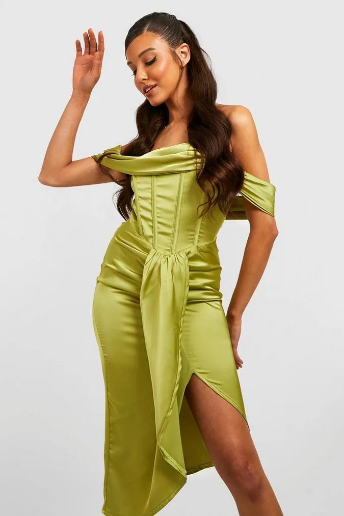 Satin corset bardot drape midi dress in chartreuse