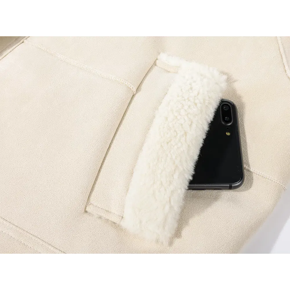 Shearling Collar Pockets Wool Coat