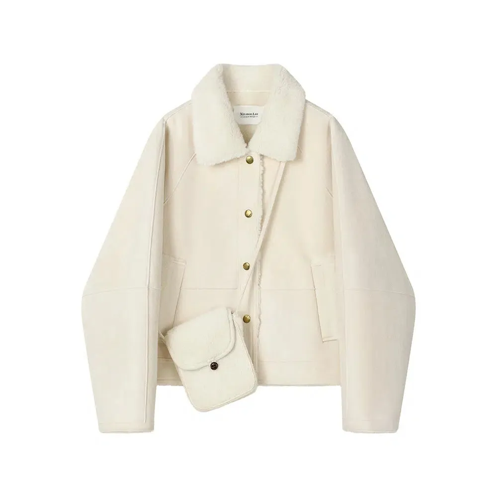 Shearling Collar Pockets Wool Coat