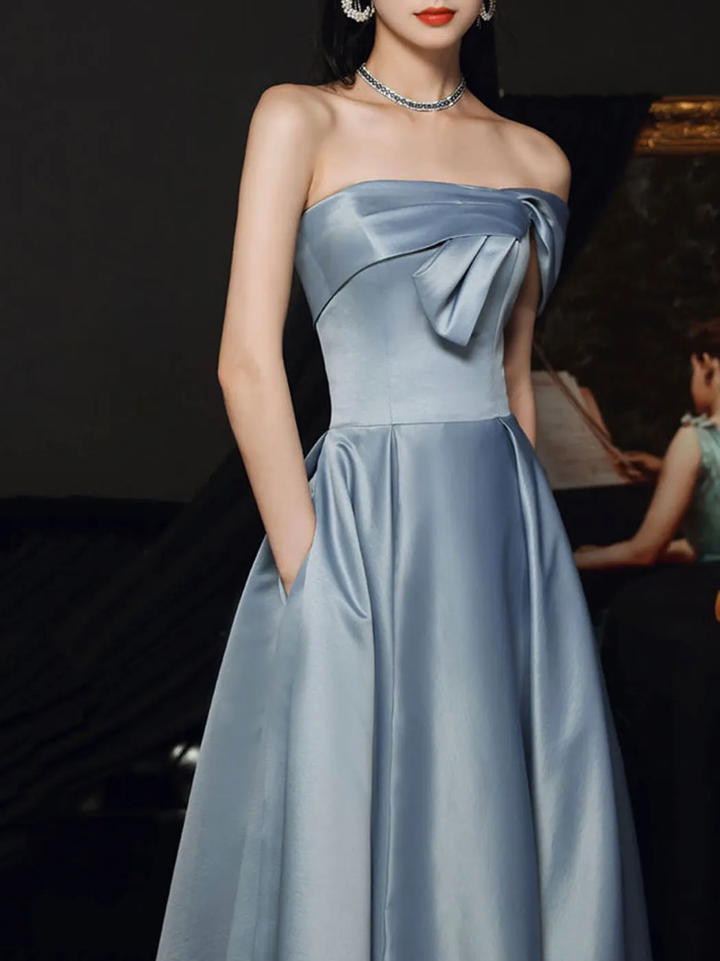 Simple A Line Satin Gray Blue Long Prom Dress, Gray Blue Long Bridesmaid Dress