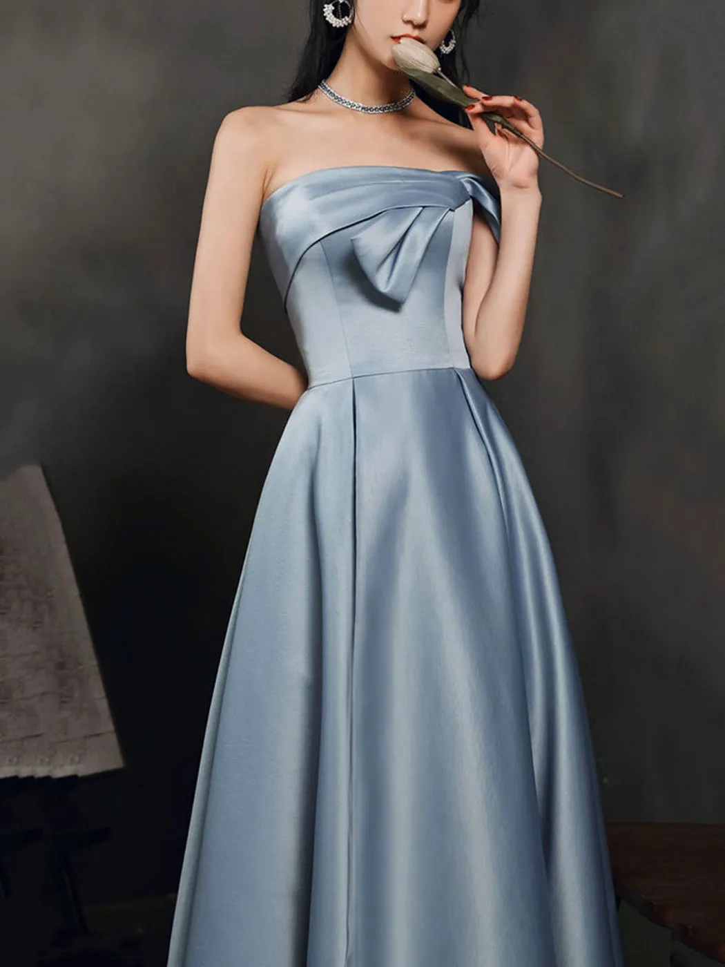 Simple A Line Satin Gray Blue Long Prom Dress, Gray Blue Long Bridesmaid Dress