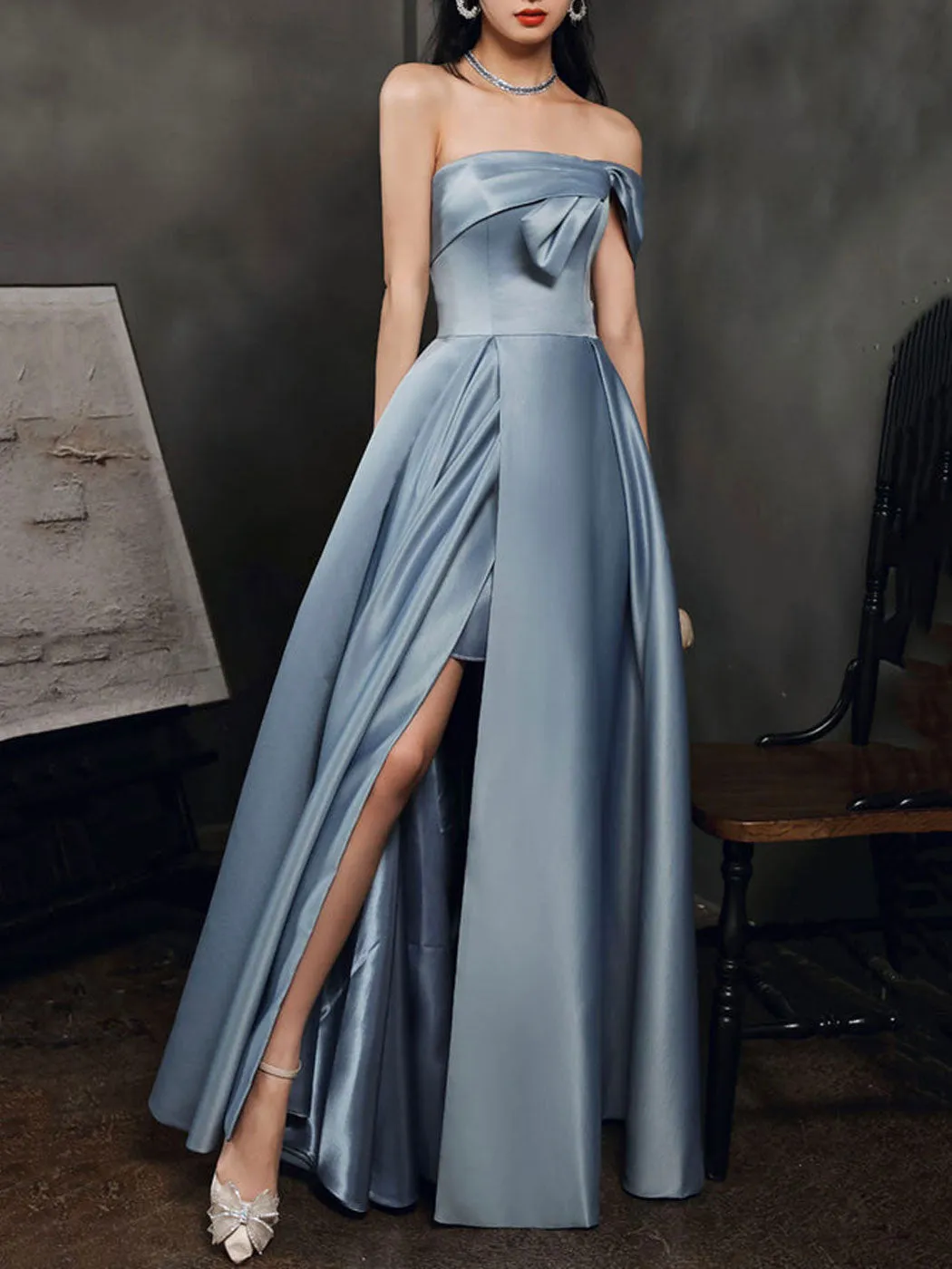 Simple A Line Satin Gray Blue Long Prom Dress, Gray Blue Long Bridesmaid Dress