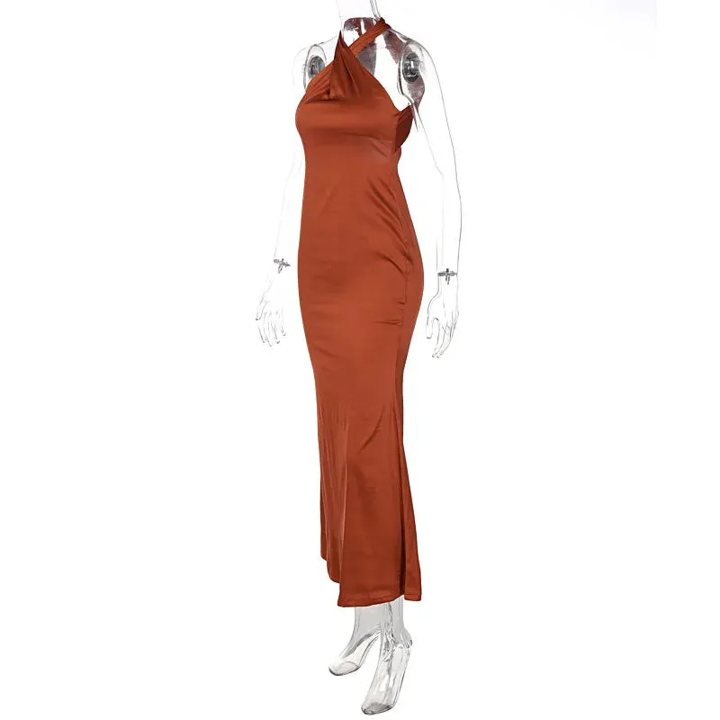 Sleeveless Cross Halter Satin Midi Dress Backless Bodycon Sexy Elegant Party Club Outfit Evening Birthday Clothes Summer