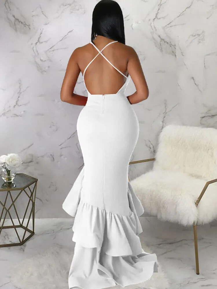 Spaghetti Strap Backless Ruffle Maxi Dresses