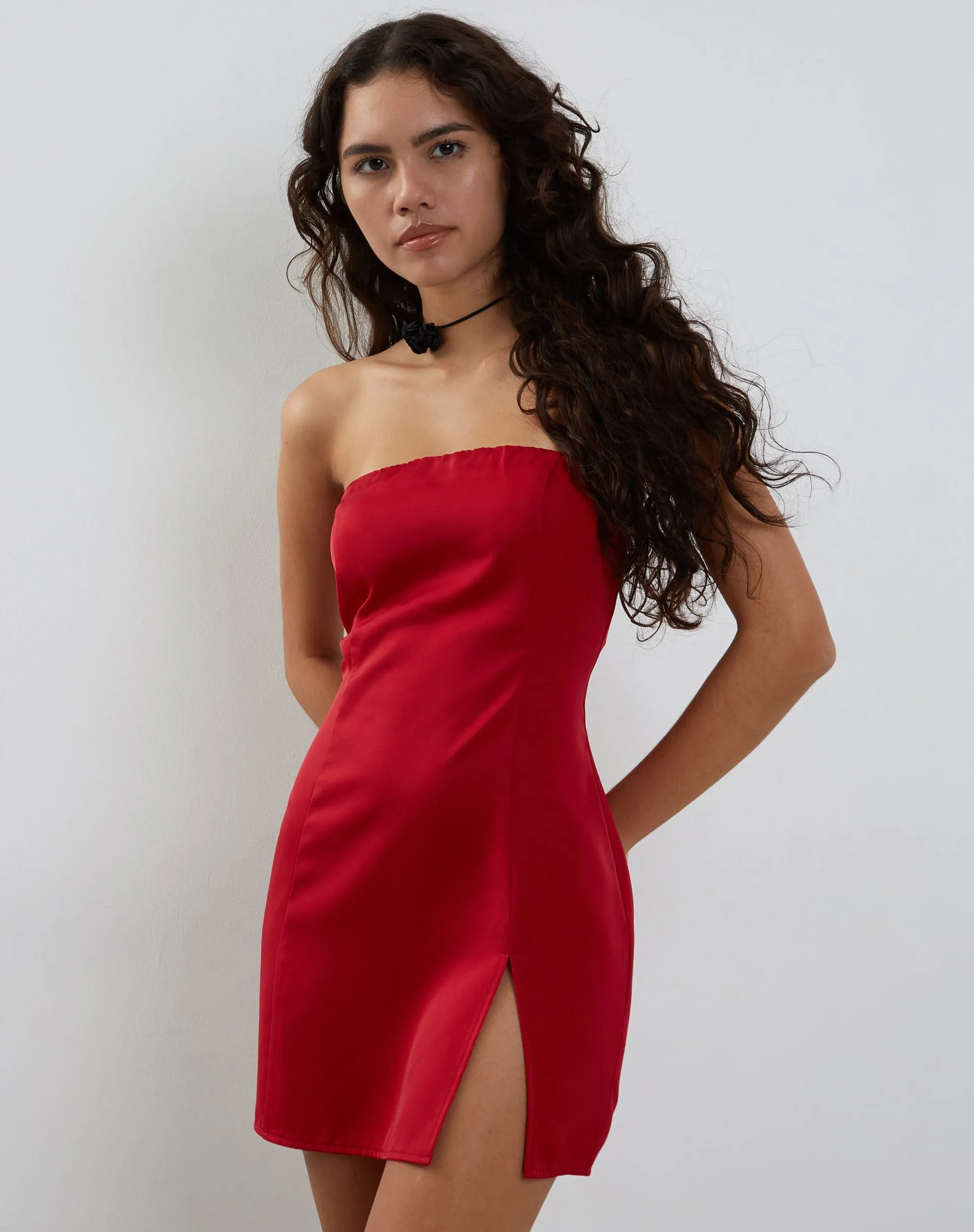 Tannesa Bandeau Mini Dress in Deep Red Satin