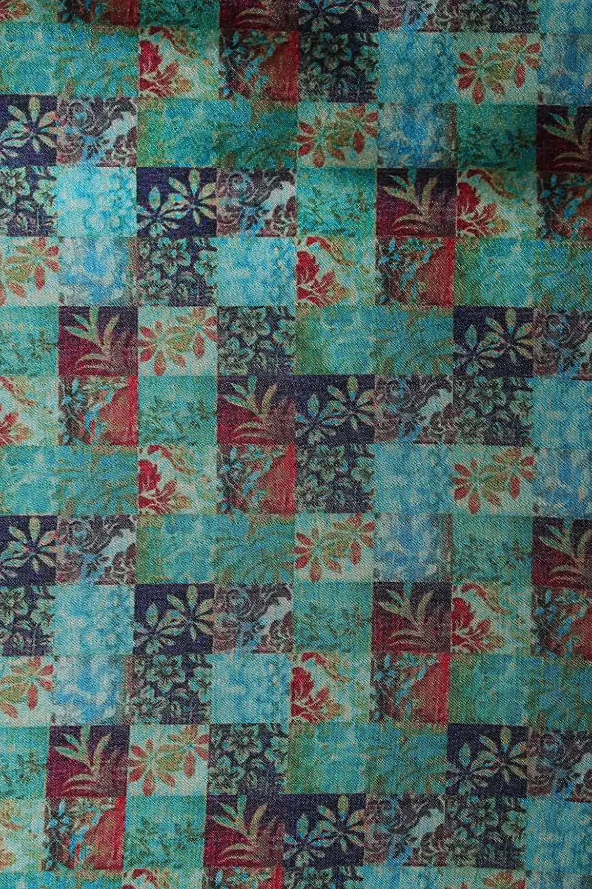 Turquoise And Red Floral Checks Pattern Digital Print On Satin Fabric