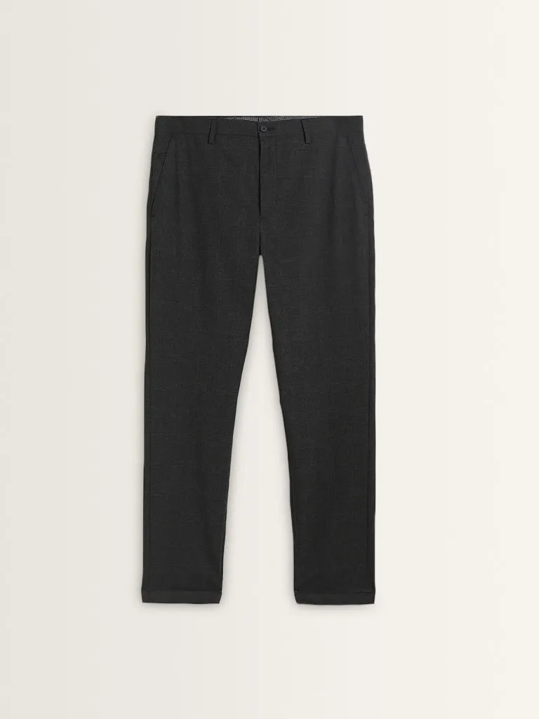 WES Formals Black Checkered Carrot-Fit Mid-Rise Trousers