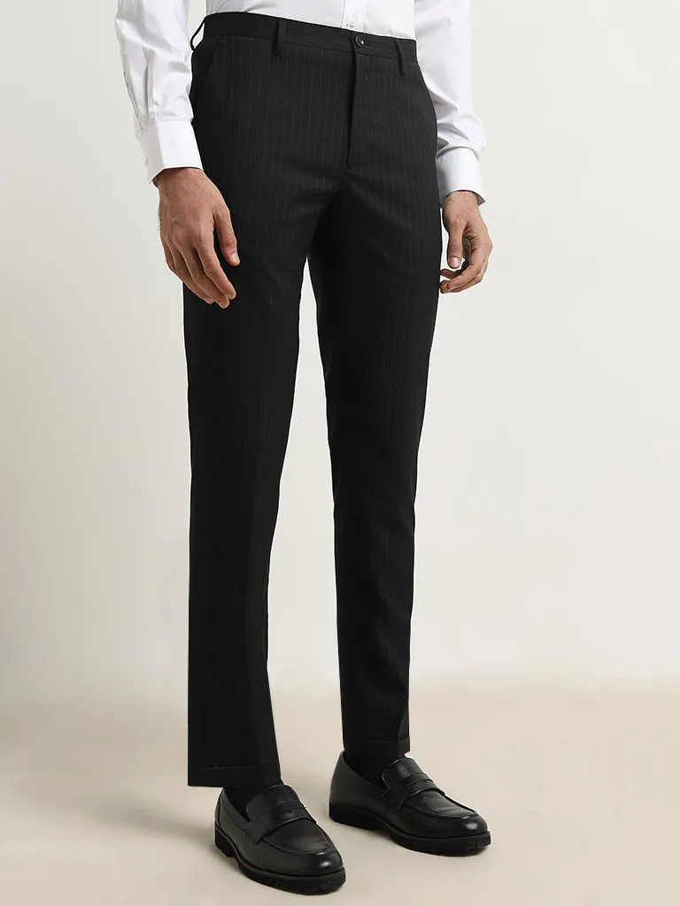 WES Formals Black Pinstriped Carrot-Fit Mid-Rise Trousers