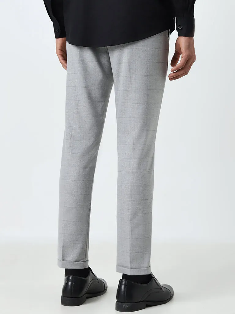 WES Formals Grey Checkered Carrot-Fit Mid-Rise Trousers